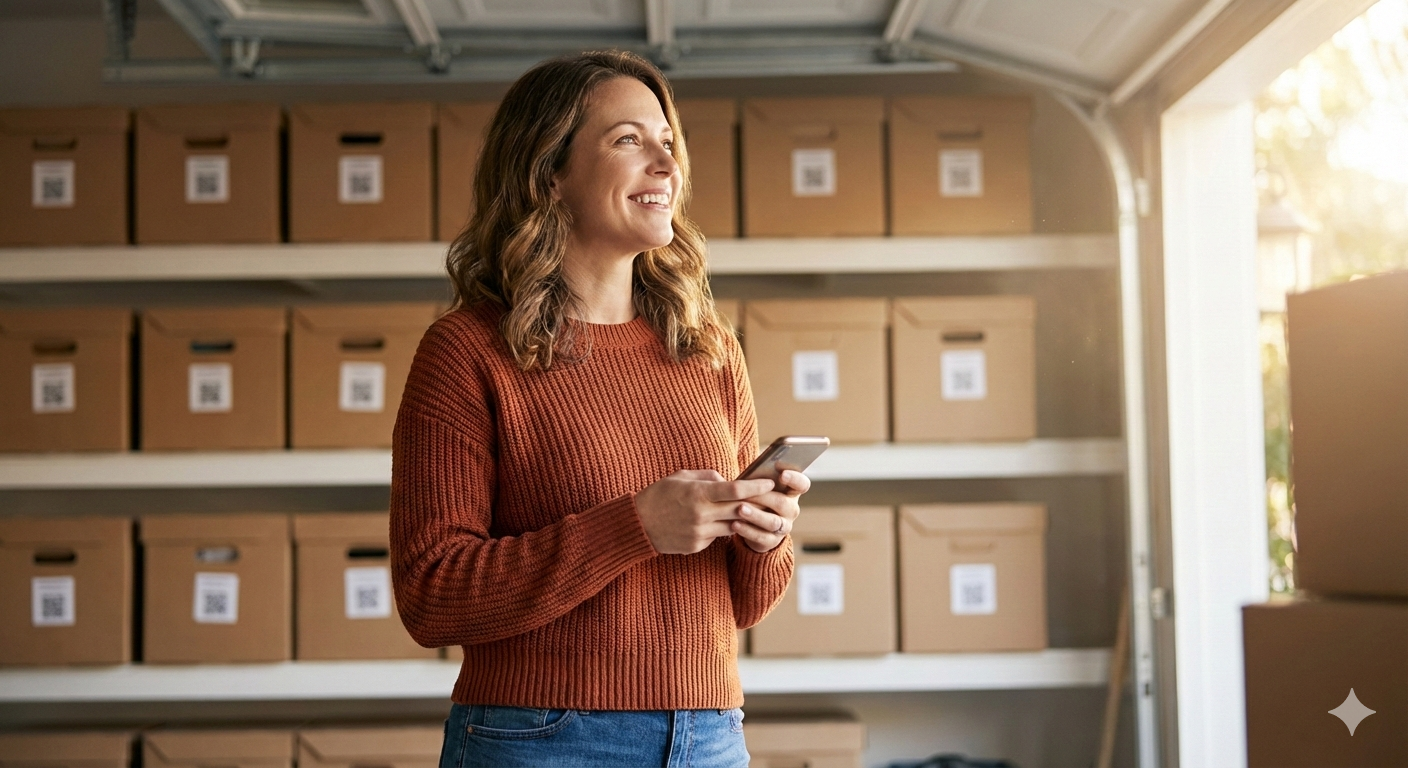 Woman in organized garage with QR-labeled storage boxes, checking her phone