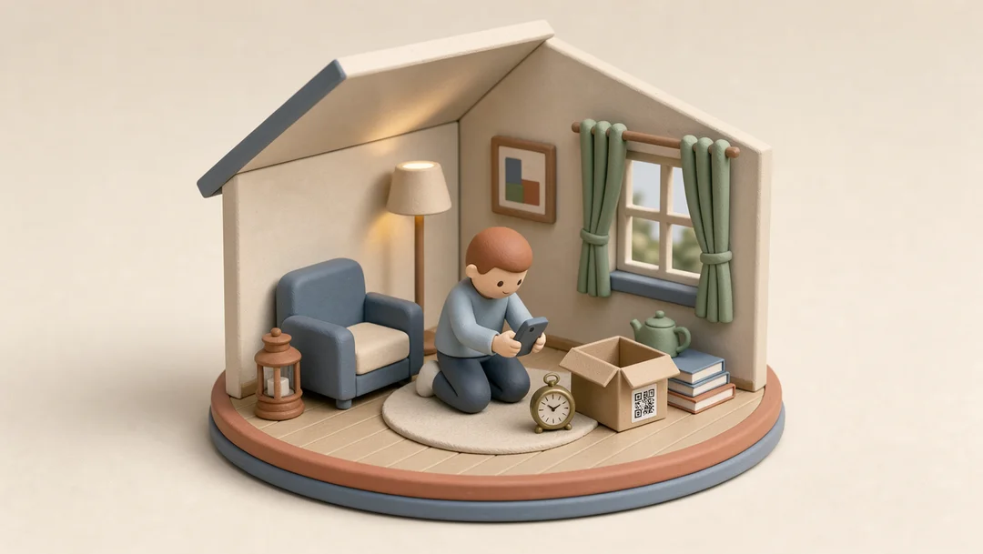 A small figure photographs a brass clock beside a moving box.