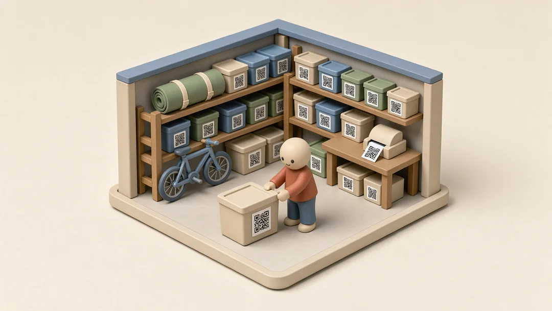 A tidy garage: shelves of bins with QR labels, a figure labelling a box.