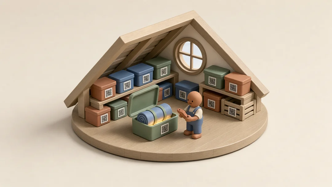 In the attic, a figure with a phone beside an open bin holding a rolled tent.