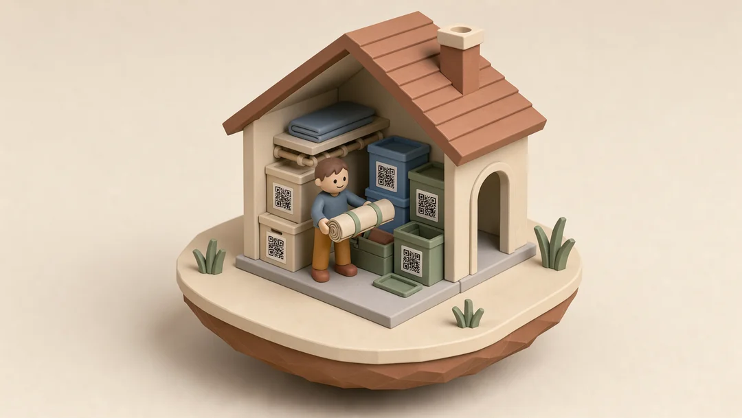 A small house packed with labelled boxes and bins; a figure carries a rolled rug inside.
