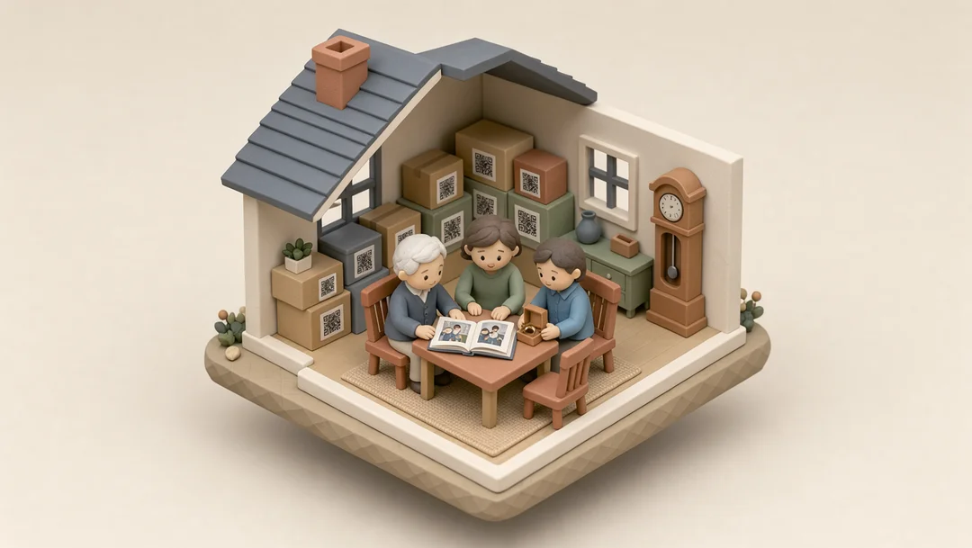 A family around a dining table with a photo album and a ring box.