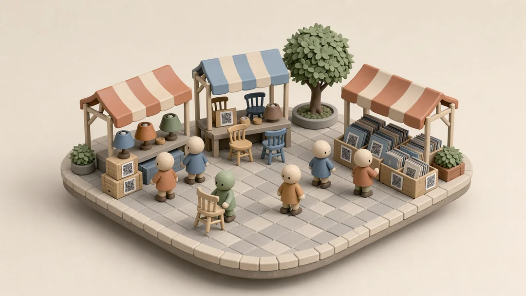 Market stalls under terracotta canopies.