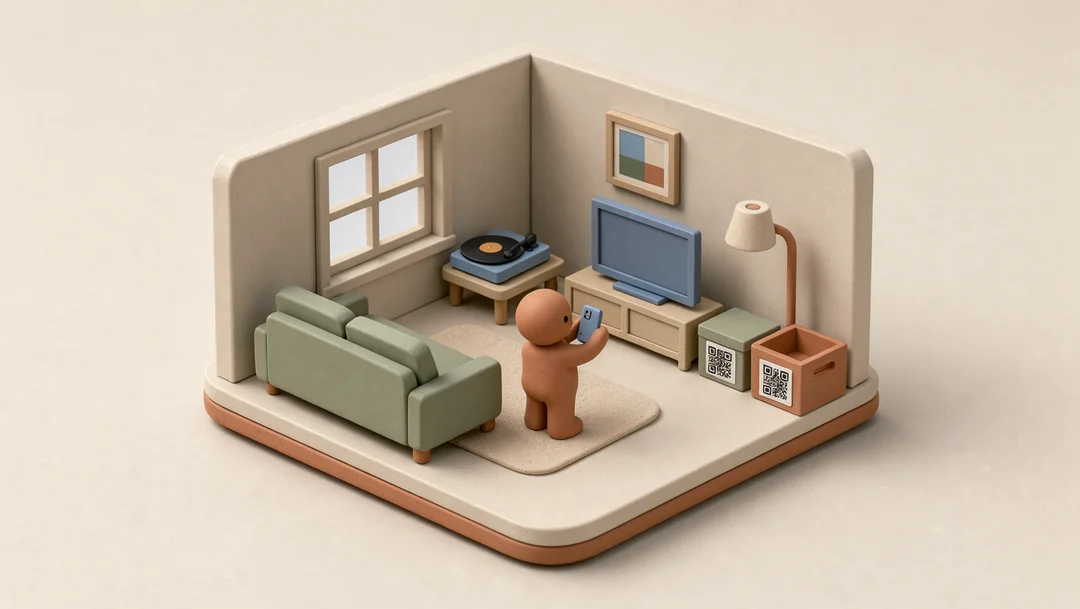 A living room being photographed item by item: the television, the sofa, the record player.