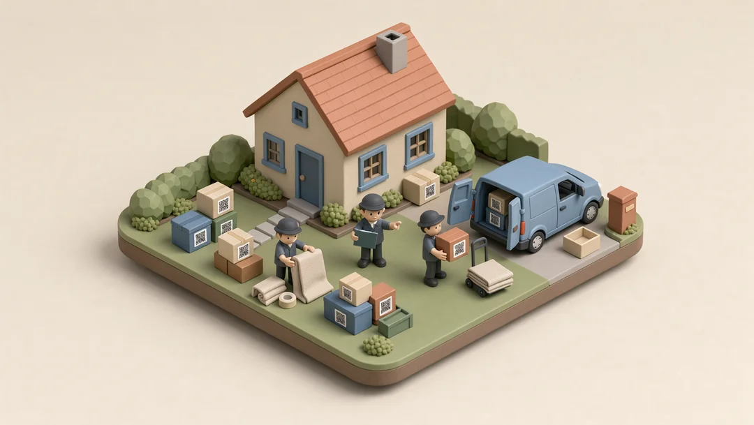 Labelled boxes carried from a van into a new house.