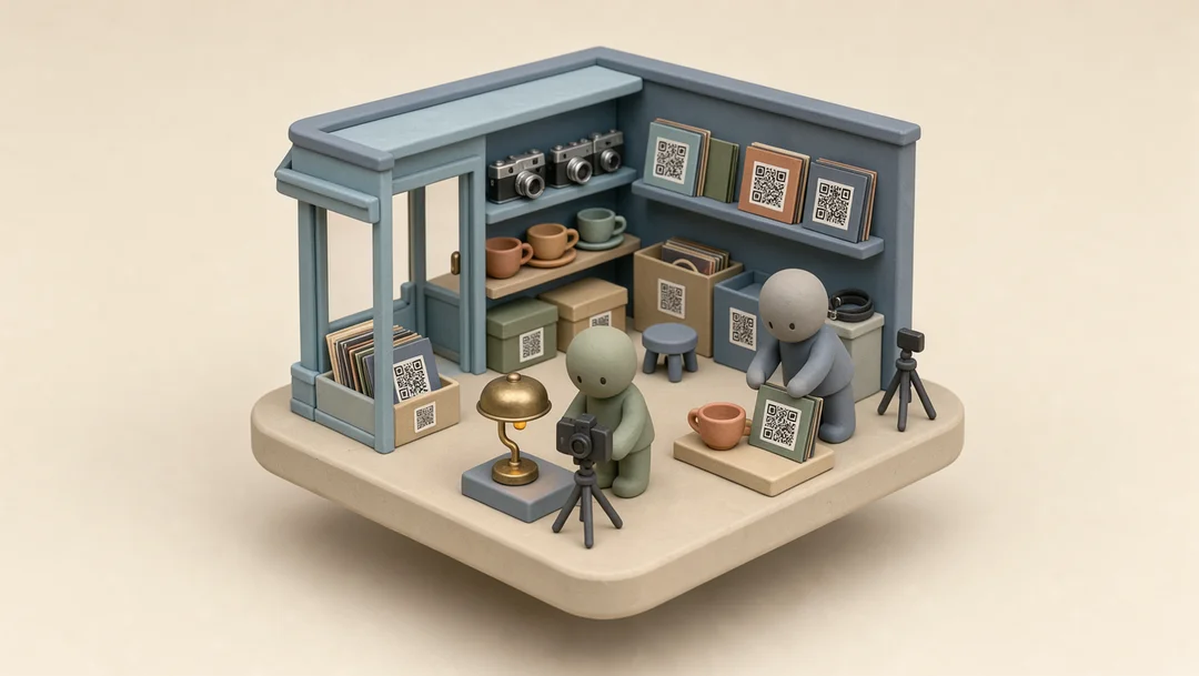 A vintage shop: cameras and records on the shelves, a find filmed on a tripod.