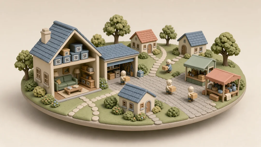 A miniature clay world: a house with its roof lifted off, a garage of labelled bins, three small houses on hills and a village square with a market stall.